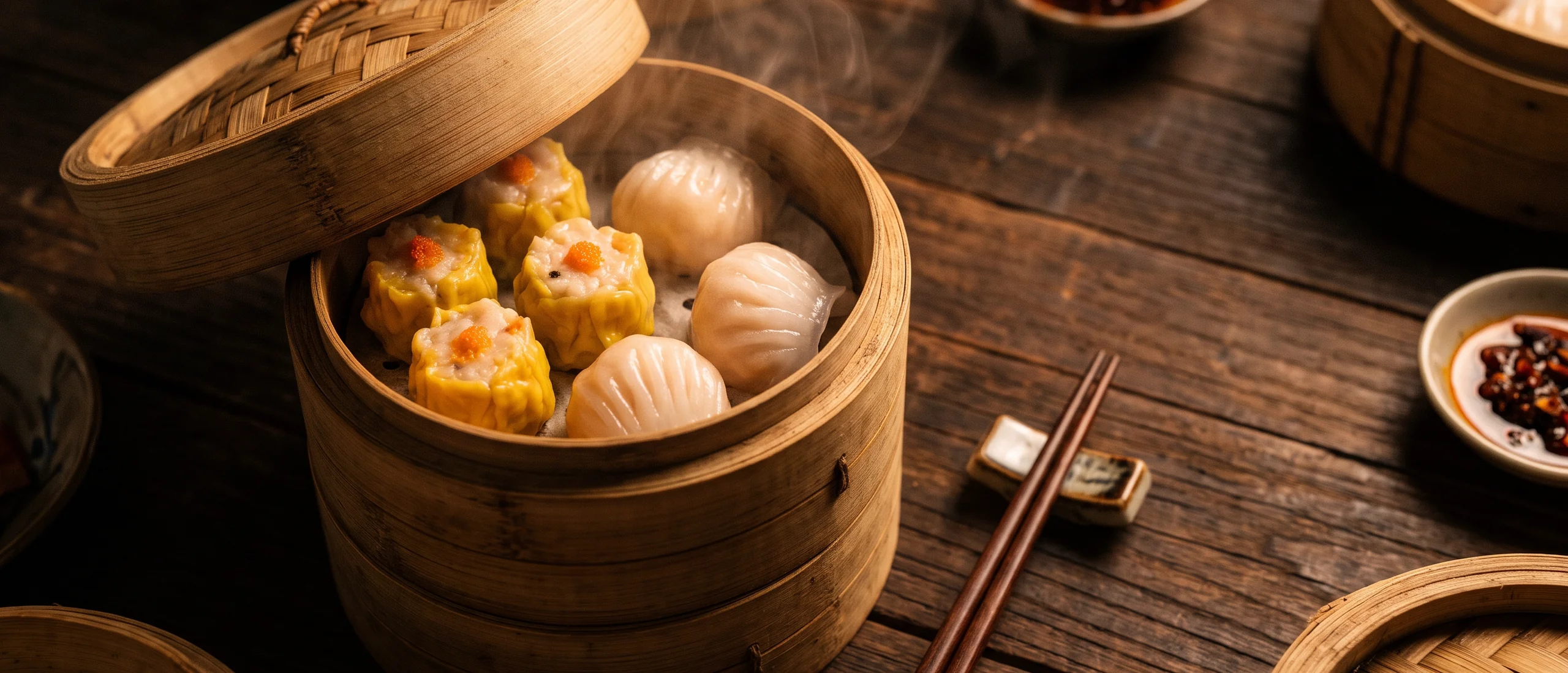 Stacked bamboo dim sum baskets on dark wood, steam rising gently through warm tungsten light.