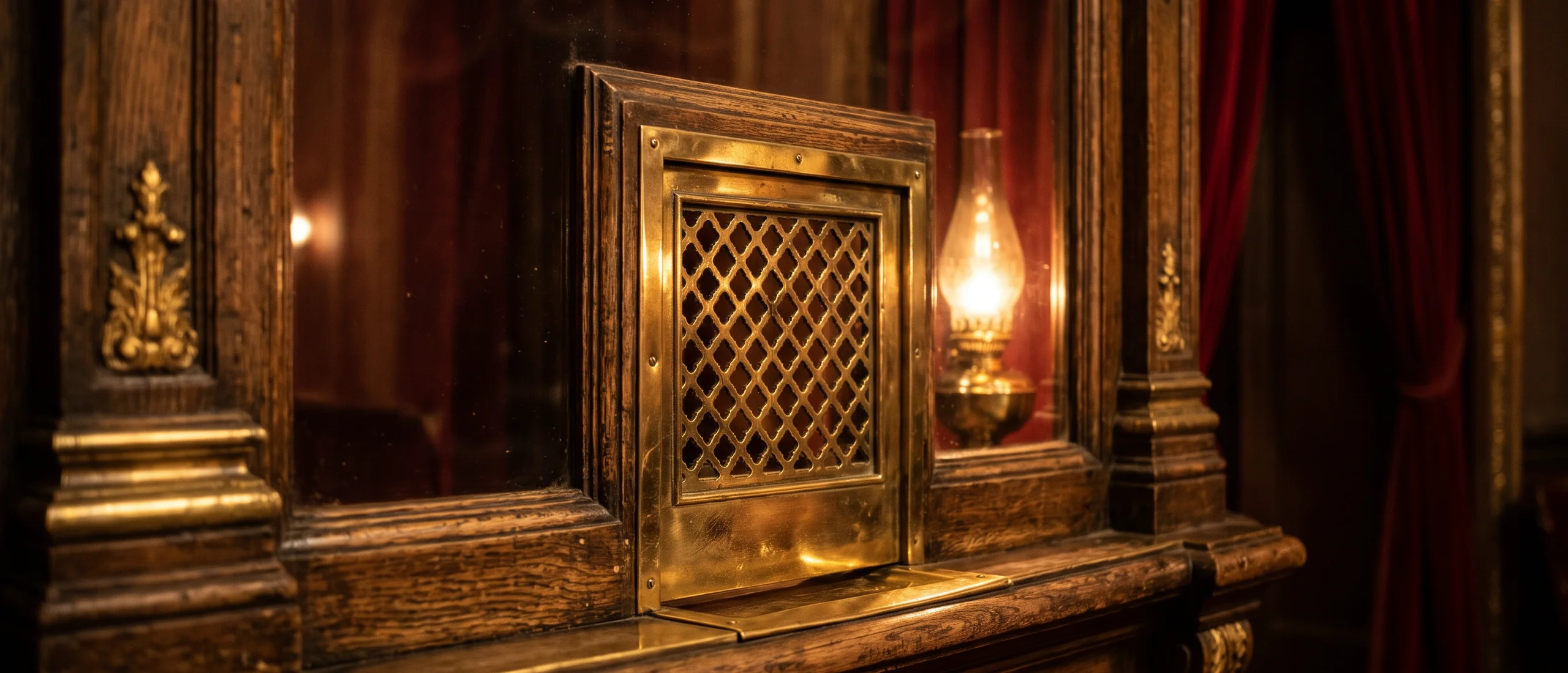 A close-up of a gilded antique theatre box-office window — aged dark wood frame and brass trim lit by a single warm lamp.